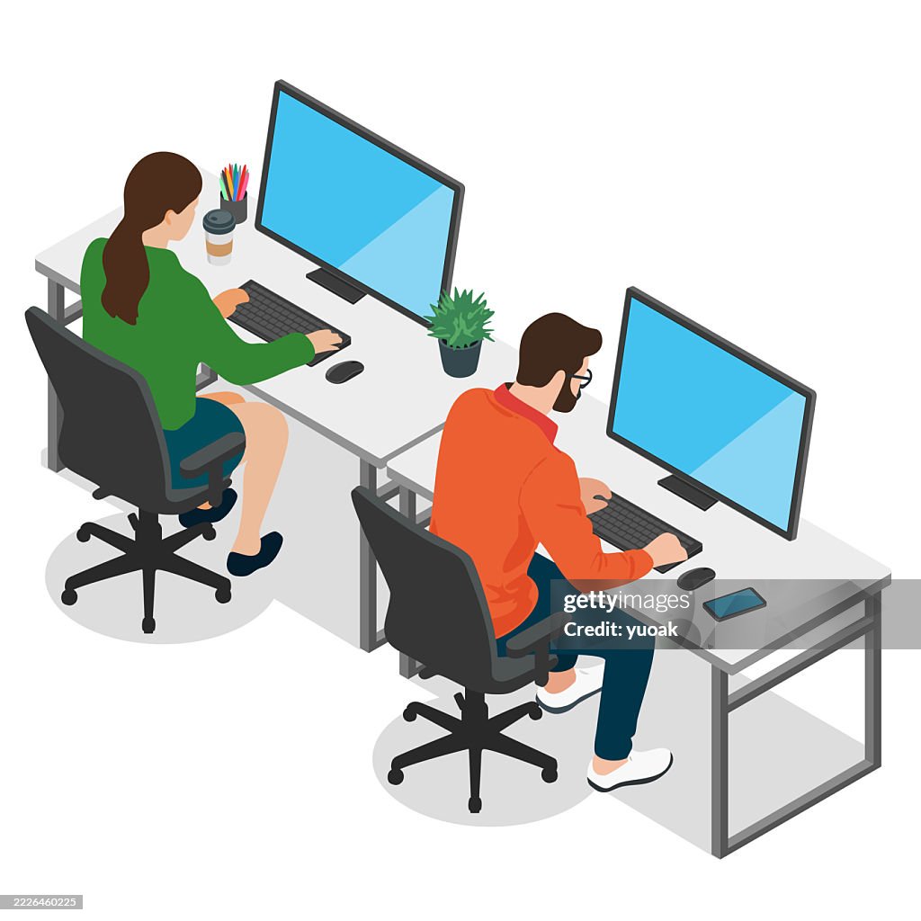 Isometric Office Scene With Two Professionals Working On Computers High ...