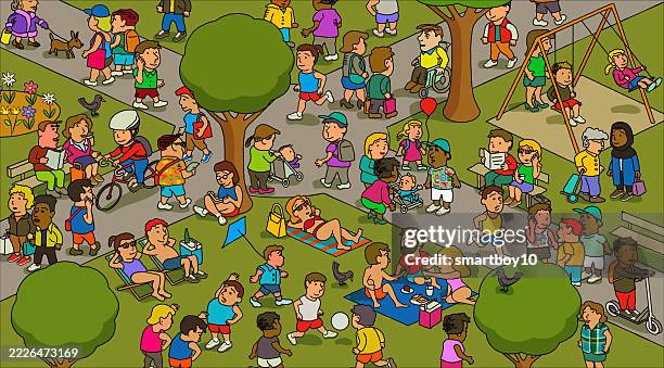 busy public park - sunbathing park stock illustrations
