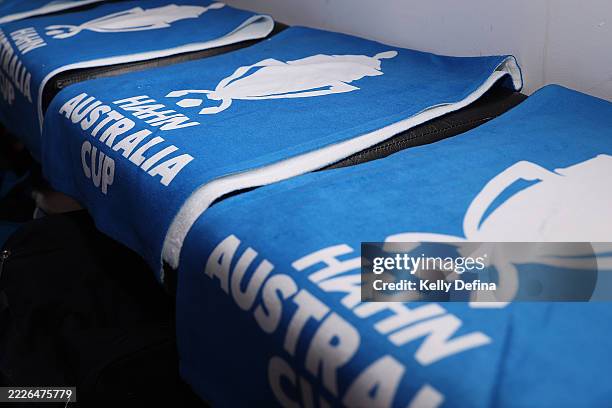 Hahn towels are seen in the player locker rooms during the Australia Cup 2025 Round of 32 match between Avondale FC and Stirling Macedonia FC on July...