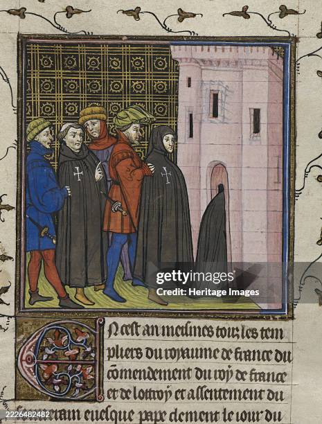 Miniature and text. The arrest of the Templars in 1308. Text beginning with decorated initial 'E', end of 14th century. From Chroniques de France ou...