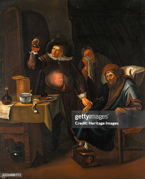 Medical practitioner examining the urine and taking the pulse of an elderly man. Creator: Jan Steen.