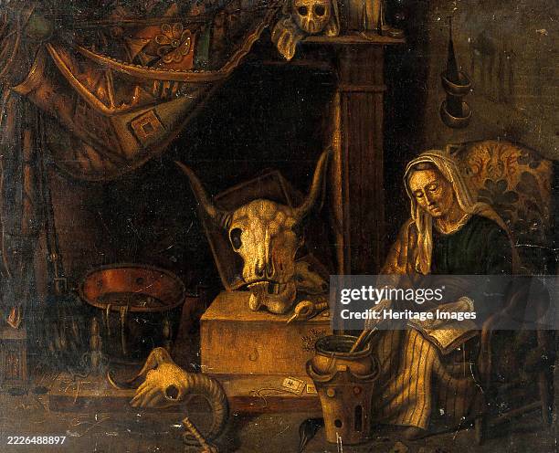 Witch stirring a potion in a jar while pointing to a passage in a book open on her lap. Centre, an alcove or fire place in which are placed three...