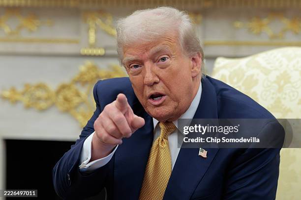 President Donald Trump calls on a reporter during a meeting with Philippine President Ferdinand Marcos Jr. In the Oval Office at the White House on...