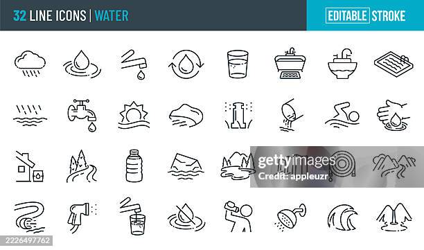 wasserdünne liniensymbole - bearbeitbarer strich - zu den symbolen gehören regen, wassertropfen, h2o, wassereinsparung, dürre, trinkwasser, fließendes wasser, sauberes wasser - trinkwasser stock-grafiken, -clipart, -cartoons und -symbole