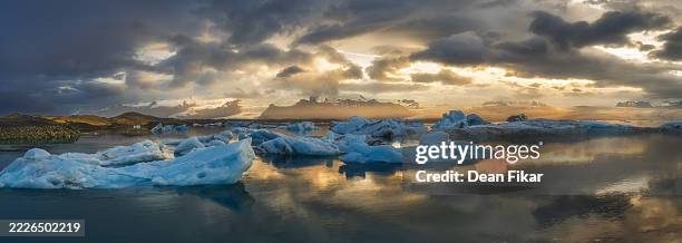 panoramic view of glacier lagoon in iceland - inlet stock pictures, royalty-free photos & images