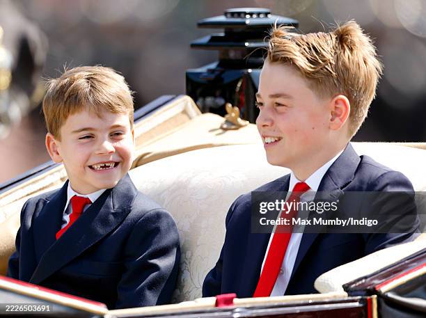 Prince Louis of Wales and Prince George of Wales depart Buckingham Palace in an Ascot Landau horse-drawn carriage during Trooping The Colour 2025 on...
