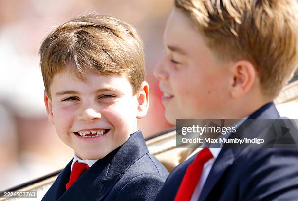 Prince Louis of Wales and Prince George of Wales depart Buckingham Palace in an Ascot Landau horse-drawn carriage during Trooping The Colour 2025 on...