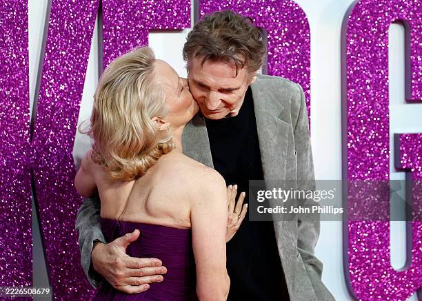 Pamela Anderson and Liam Neeson attend "The Naked Gun" UK Premiere at Cineworld Leicester Square on July 22, 2025 in London, England.