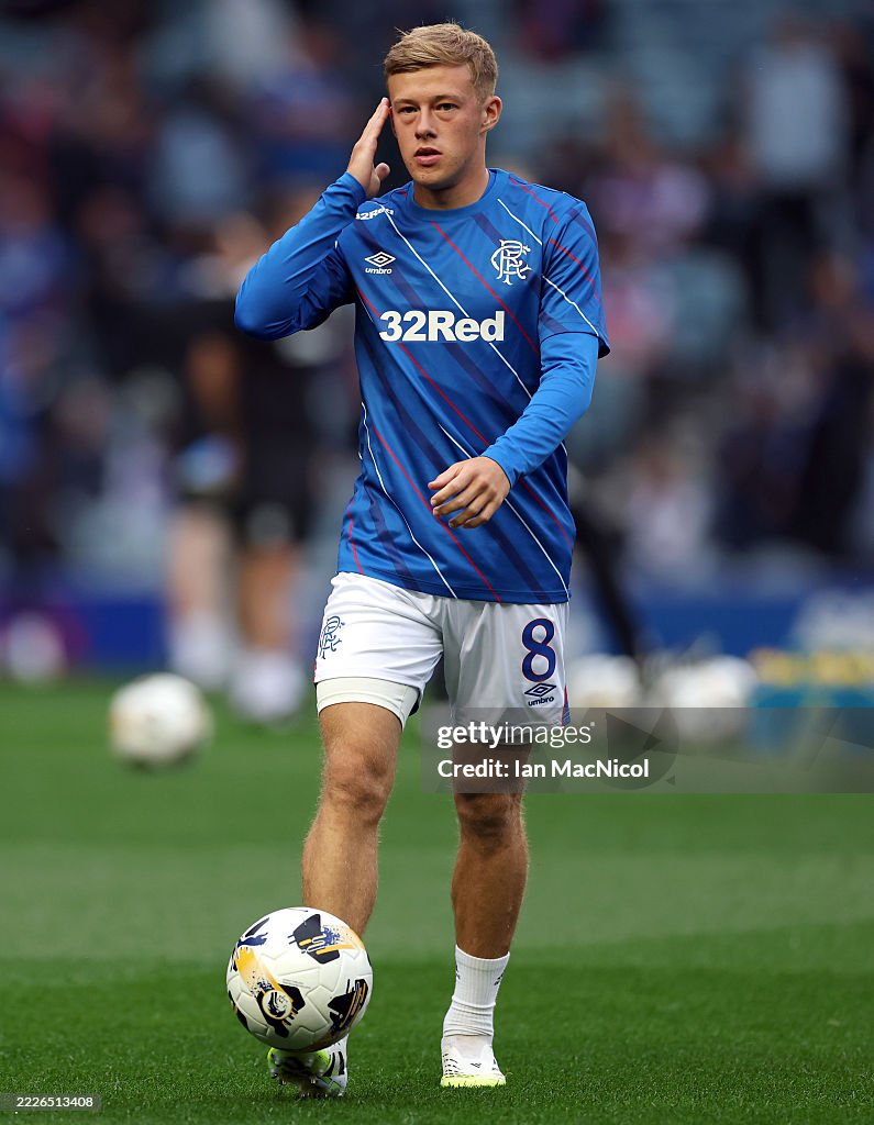 Baron Rengers Connor Barron of Rangers warms up prior to the UEFA Champions League ...