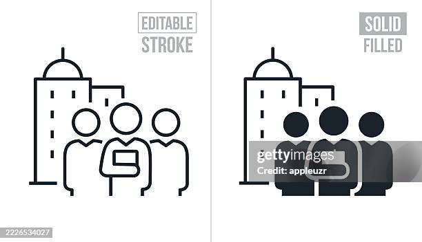 illustrations, cliparts, dessins animés et icônes de hommes d’affaires debout à l’extérieur du bâtiment de l’entreprise - trait modifiable et icônes solides - trois personnes