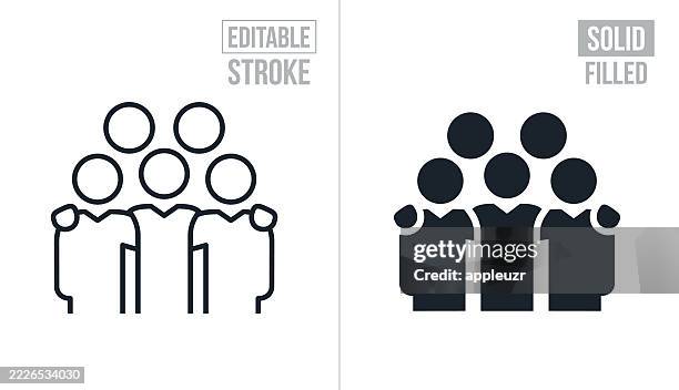 fünf geschäftsleute, die die arme um die schultern legen - editierbarer strich und solide symbole - freundschaft stock-grafiken, -clipart, -cartoons und -symbole
