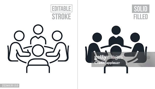 small business staff meeting - editable stroke and solid icons - four people stock illustrations