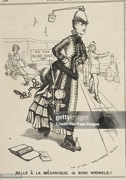 Belle ‡ la mÈcanique. , 1875. A cartoon showing a woman standing on a model train, with various mechanical instruments attached to her.. From Punch...