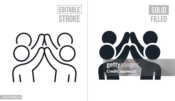 four people giving each other a high five - editable stroke and solid icons - four people stock illustrations