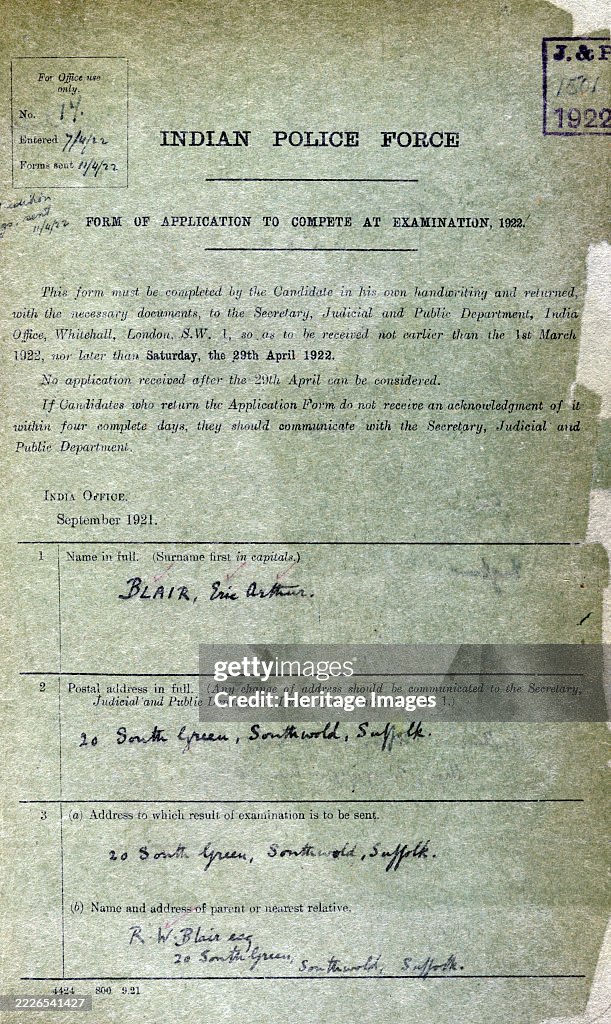 George Application Form George Orwell's application papers to join the 'Indian Police Force ...