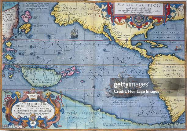 The Pacific Ocean, 1586. 'Maris Pacifici'. A map showing North and South America, China, New Guinea, and other islands. It also shows the projected...