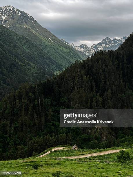 scenic mountain valley with cabin amidst forest with snow-capped peaks - mountain ridge stock pictures, royalty-free photos & images