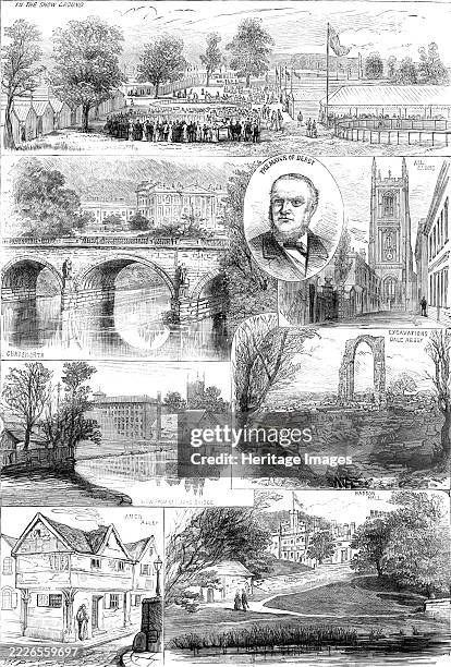 The Royal Agricultural Society at Derby, 1881. 'In the Show Ground; the Mayor of Derby; Chatworth; All Saints; View from St. Mary's Bridge [of the...