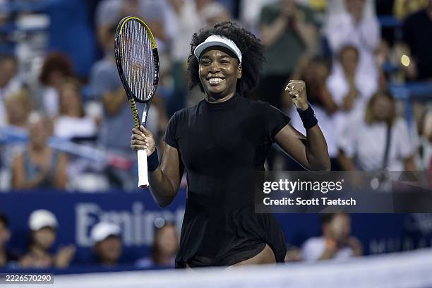Venus Williams celebrates after winning a women's single match against Peyton Stearns on day 2 of the Mubadala Citi DC Open 2025 at William H.G....
