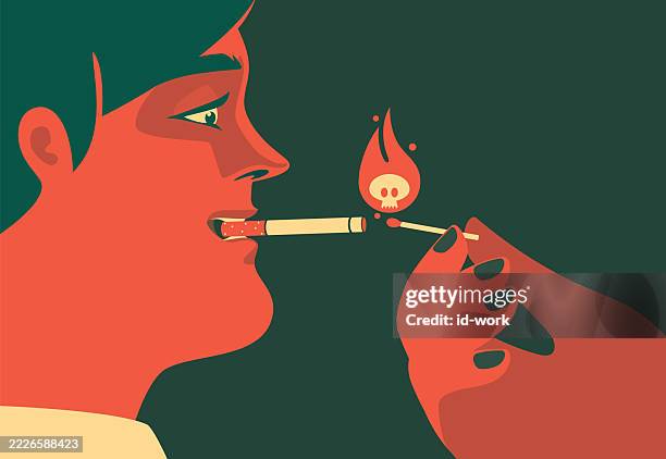 hand holding lit match beside smoking man - matchstick man stock illustrations