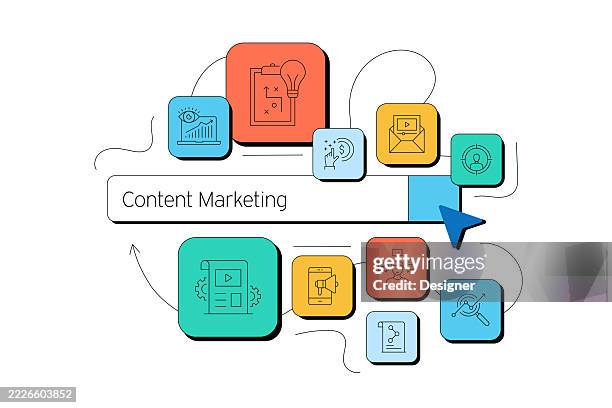 content marketing related vector illustration. internet, social media, sharing, connection, audience, advertising, vlog. - content marketing strategy stock illustrations
