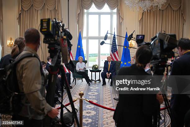 President Donald Trump and President of the European Commission Ursula von der Leyen announce a US-EU trade deal after a meeting at Trump Turnberry...