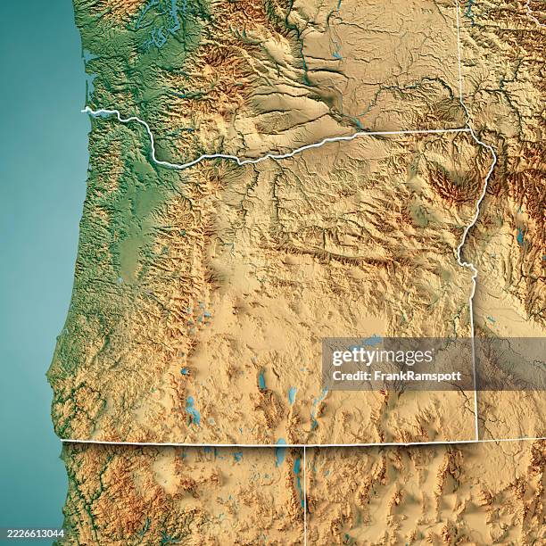 oregon us state topographic map 3d render color border - oregon estado dos eua imagens e fotografias de stock