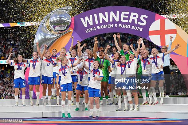 England players lifts the trophy after winning with her team the UEFA Women's EURO 2025 Final match between England and Spain at St. Jakob-Park on...