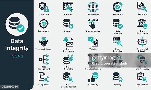 data integrity solid icons collection.containing accuracy, consistency, reliability, validity, completeness, trustworthiness, quality, security, protection, validation, verification, error detection - quality stock illustrations