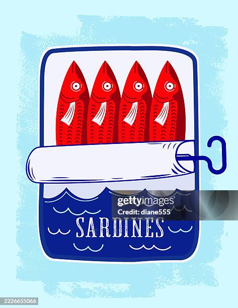 cute hand drawn sardines tin on a blue textured base - sardine stock illustrations