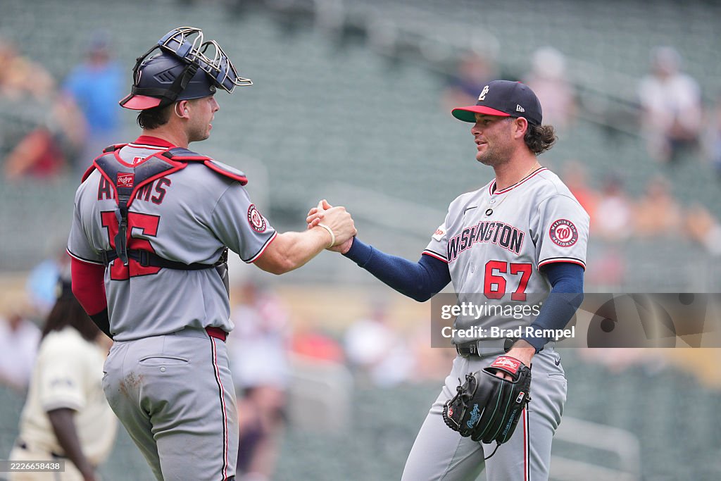 Nationals Riley Adams Kyle Finnegan of the Washington Nationals and Riley Adams celebrate ...