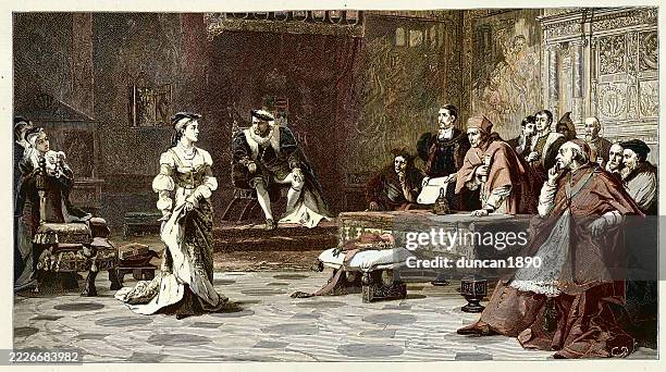 tudor history, the trial of queen katherine of aragon, 19th century vintage illustration, 1880s, after laslett john pott - tudor style stock illustrations