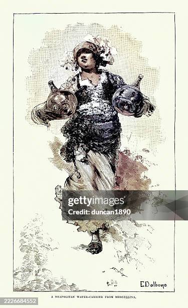 history, italian woman of naples, neapolitan water carrier from mergellina, 19th century vintage illustration, 1880s after skewtch by eduardo dalbono - naples florida art stock illustrations