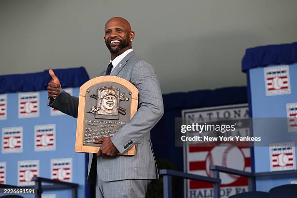 Sabathia poses for a photo with his plaque during the Baseball Hall Of Fame Induction Ceremony at Clark Sports Center on July 27, 2025 in...