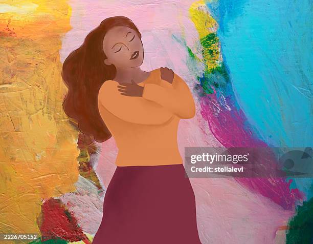 ilustrações de stock, clip art, desenhos animados e ícones de beautiful young black woman hugging herself - perdão