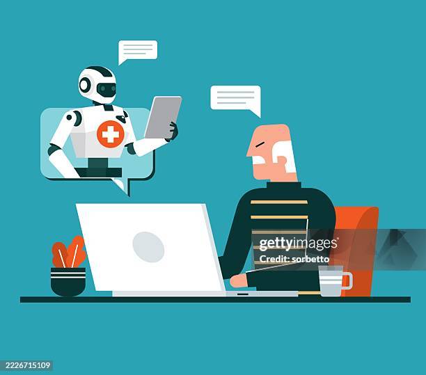 elderly man with online robot consultation - old man computer stock illustrations