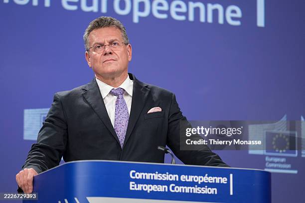 Belgium EU Commissioner for Trade and Economic Security and for Interinstitutional Relations and Transparency Maros Sefcovic talks to media about the...