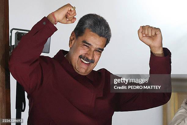 Venezuelan president Nicolas Maduro gestures while speaking after results were released following municipal elections in Caracas, Venezuela, in the...