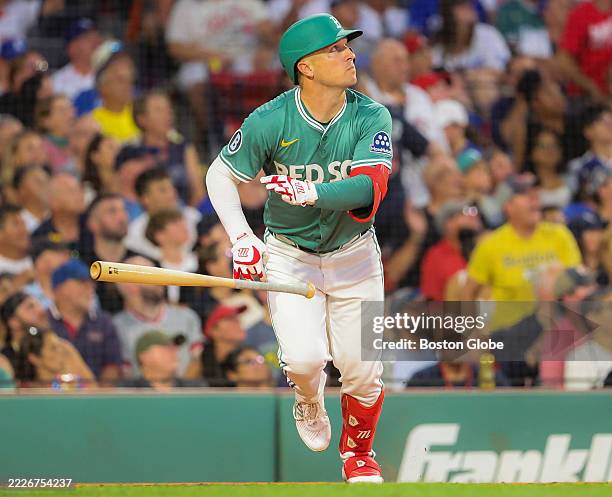 Boston Red Sox third baseman Alex Bregman hits an RBI double in the third inning on July 25, 2025.