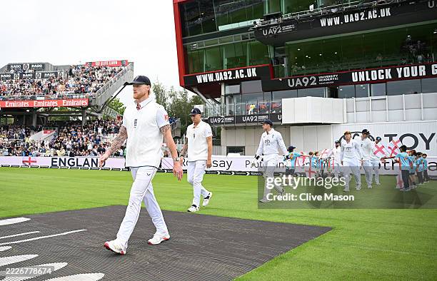 Ben Stokes of England leads out the team during Day Two of the 4th Rothesay Test Match between England and India at Emirates Old Trafford on July 24,...