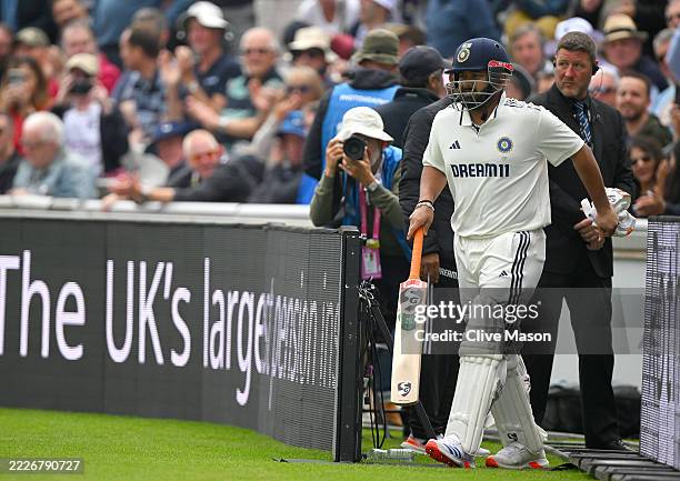 Rishabh Pant of India returns to bat afetr his injury during Day Two of the 4th Rothesay Test Match between England and India at Emirates Old...