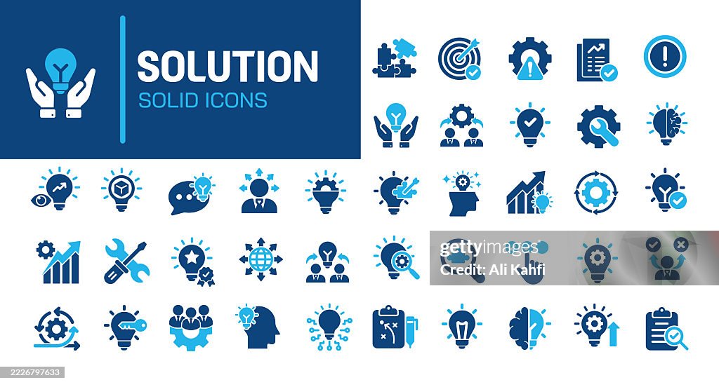 Solution glyph solid icons. Containing problem solving, advice, idea solid icons collection. Vector illustration. Perfect pixel on clean white background