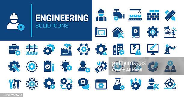 ilustrações de stock, clip art, desenhos animados e ícones de engineering glyph solid icons. containing manufature, construction, engine, architect solid icons collection. vector illustration. perfect pixel on clean white background - engenharia