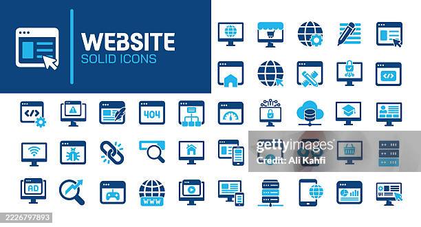 ilustrações, clipart, desenhos animados e ícones de ícones sólidos de glifo de site. contendo internet, web design, programação, coleção de ícones sólidos de rede. ilustração vetorial. pixel perfeito em fundo branco limpo - página da web
