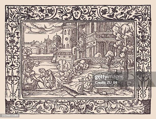 david sees bathsheba bathing (2 samuel 11), woodcut, published 1607 - infidelity stock illustrations