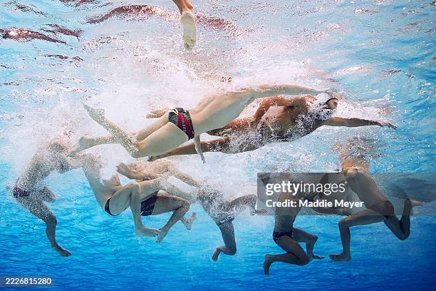 Marc Larumbe Gonfaus of Team Spain is challenged by an opponent in the Men's Water Polo Gold Medal match between Spain and Hungary on day 14 of the...