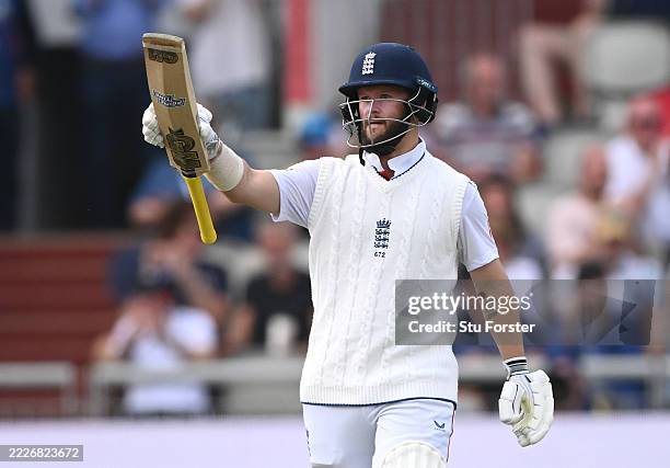 England batsman Ben Duckett reaches his 50 during day two of the Fourth Test Match between England and India at Emirates Old Trafford on July 24,...