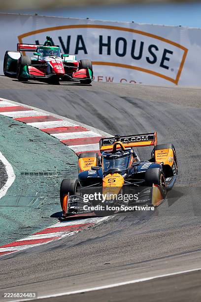Arrow McLaren driver Pato O'Ward hits the rumble strips in the Corkscrew at the Java House Grand Prix of Monterey on July 25, 2025 at WeatherTech...