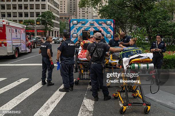 New York Fire Department paramedics respond to the scene of a shooting at 345 Park Ave. In New York, US, on Monday, July 28, 2025. An active shooter...