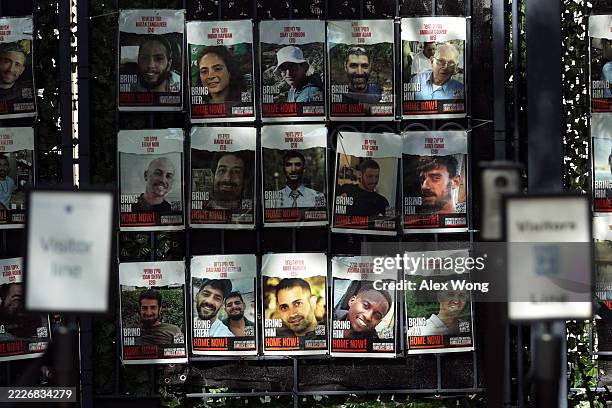 Posters of Israeli hostages being held in Gaza are displayed outside the Israeli Embassy at the entrance on July 24, 2025 in Washington, DC....